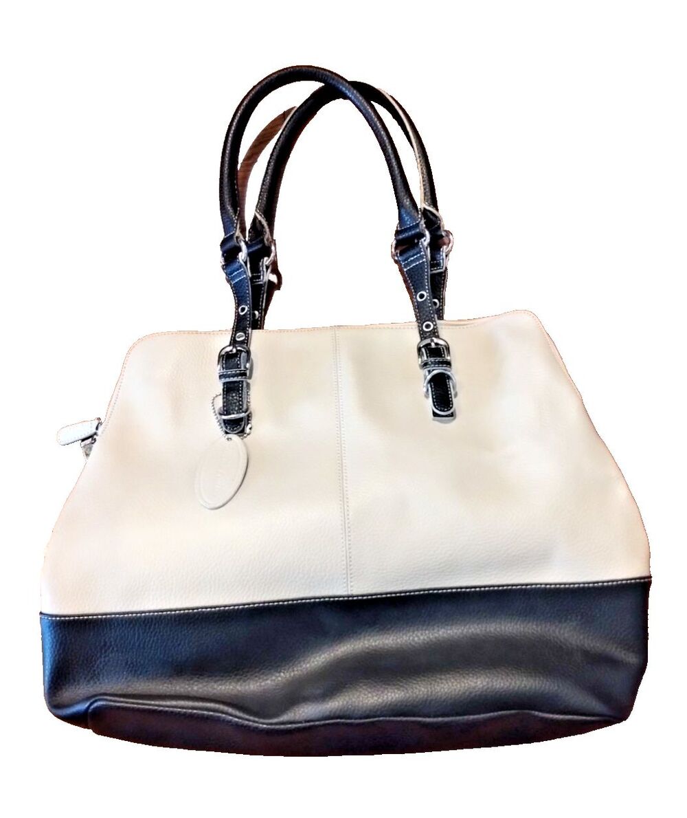 Wilsons Leather - Large Leather Color Block Tote Satchel Bag, Cream and Black